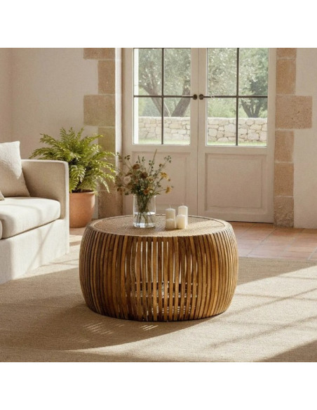 Table Basse Ronde en Bois de Manguier & Rotin Ø75 cm