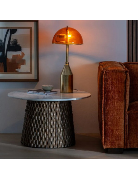 Table basse ronde en marbre et bois de manguier "Ananas" – Design sculptural | Maison d'un Rêve