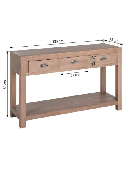 Console en bois naturel 3 tiroirs COTTAGE – 135 cm