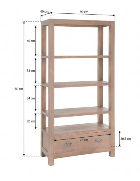Bibliothèque en bois de pin naturel COTTAGE – 180 cm