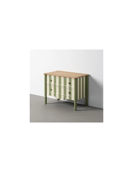 Petite commode verte et crème rayée 2 tiroirs 80 cm