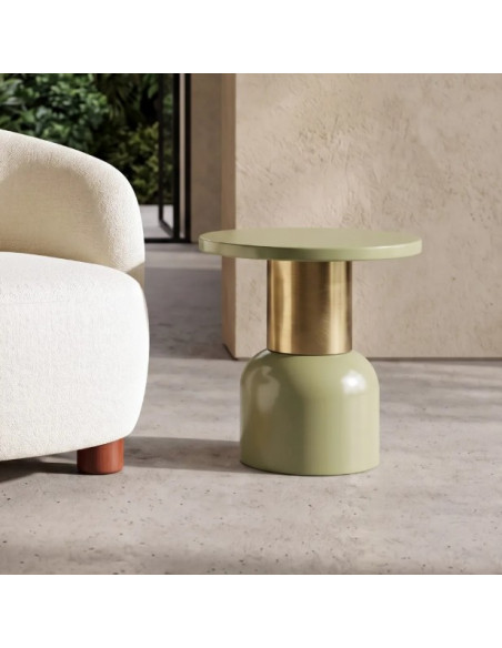 Table d'Appoint Ronde Vert Sauge et Dorée en Métal – 2 Tailles