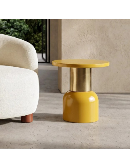 Table d'Appoint Ronde Jaune Moutarde et Dorée en Métal – 2 Tailles