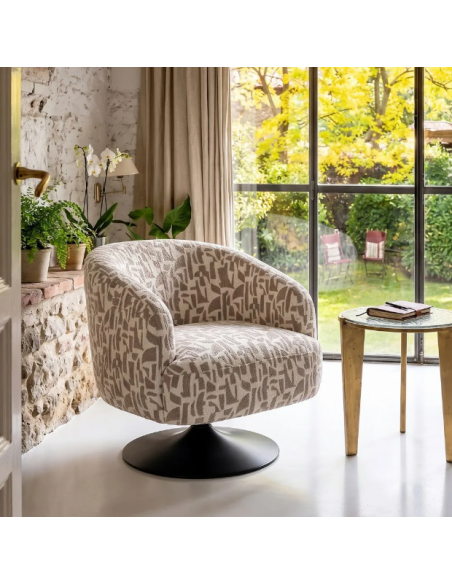Fauteuil Pivotant Crème et Beige à Motif Abstrait – 80 cm