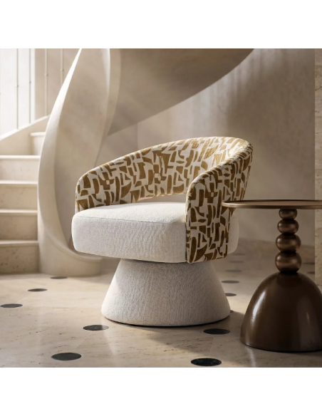 Fauteuil Pivotant Crème et Ocre en Tissu – Piètement Conique