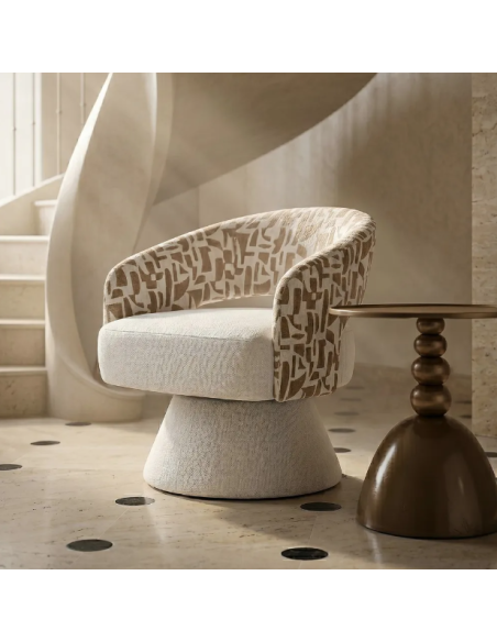 Fauteuil Pivotant Crème et Beige en Tissu – Piètement Conique