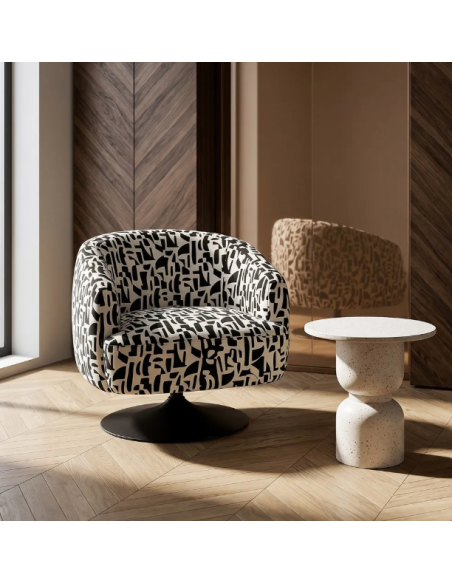 Fauteuil Pivotant Noir et Blanc à Motif – Piètement Central Noir