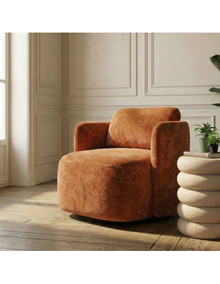 Fauteuil Pivotant Terracotta en Tissu – Accoudoirs Larges