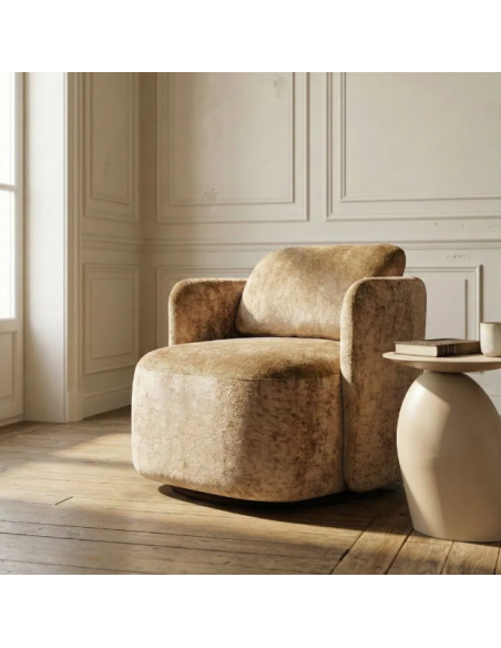 Fauteuil Pivotant Beige en Tissu – Accoudoirs Larges