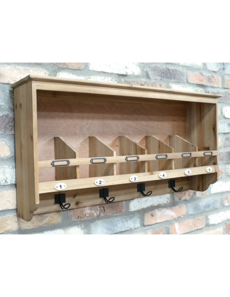Étagère murale en bois avec 6 crochets numérotés – 81 cm
