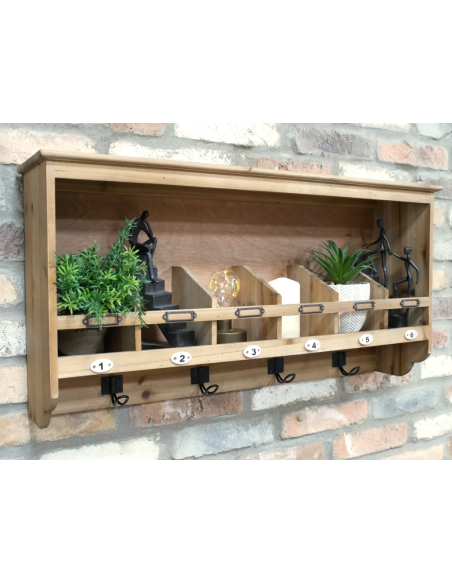 Étagère murale en bois avec 6 crochets numérotés – 81 cm
