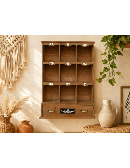 Casier mural en bois à 9 compartiments et tiroir – 62 cm
