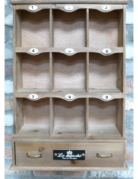 Casier mural en bois à 9 compartiments et tiroir – 62 cm