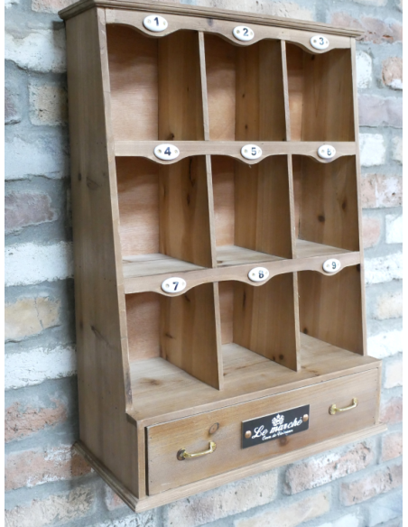 Casier mural en bois à 9 compartiments et tiroir – 62 cm