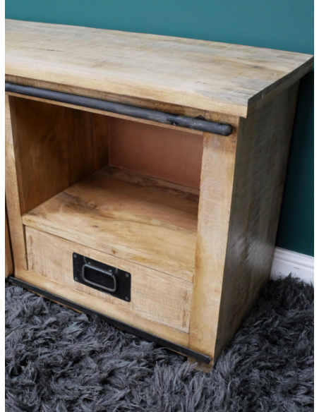 Meuble TV industriel en bois de manguier et métal – 110 cm