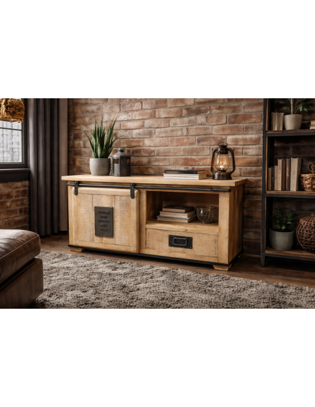 Meuble TV industriel en bois de manguier et métal – 110 cm