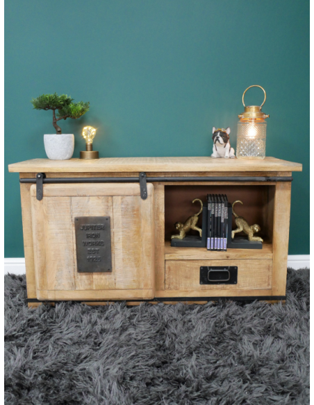 Meuble TV industriel en bois de manguier et métal – 110 cm