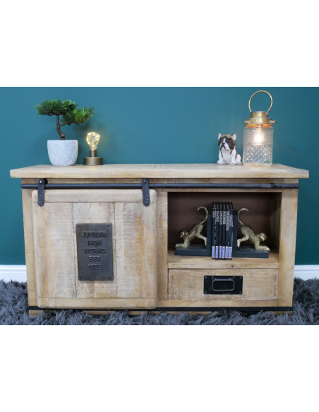 Meuble TV industriel en bois de manguier et métal – 110 cm