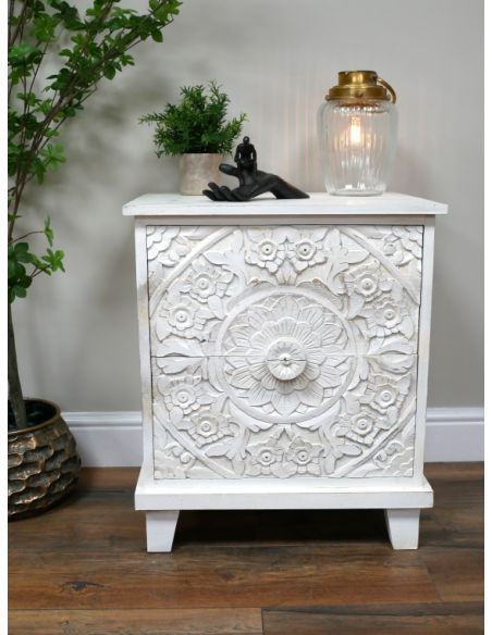 Table de chevet blanche en manguier sculpté – 61 cm