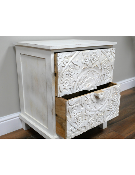Table de chevet blanche en manguier sculpté – 61 cm