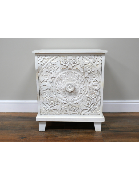 Table de chevet blanche en manguier sculpté – 61 cm