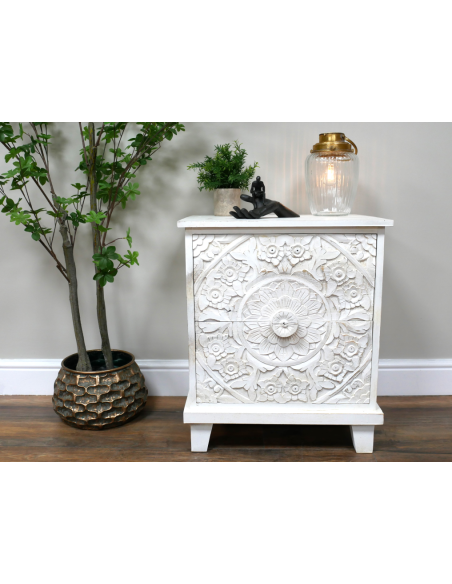 Table de chevet blanche en manguier sculpté – 61 cm