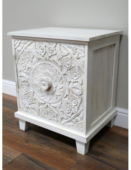 Table de chevet blanche en manguier sculpté – 61 cm