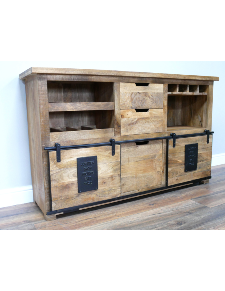 Buffet industriel en manguier avec range-bouteilles – 150 cm