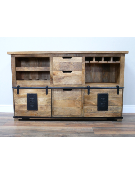 Buffet industriel en manguier avec range-bouteilles – 150 cm