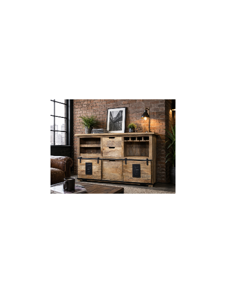 Buffet industriel en manguier avec range-bouteilles – 150 cm