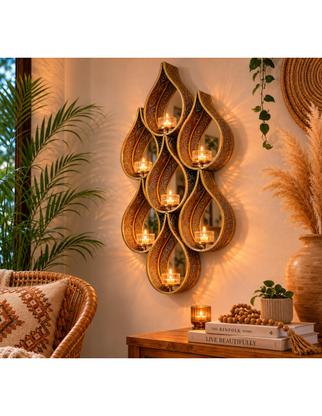 Décoration murale style oriental avec miroirs et porte-bougies – 88 cm