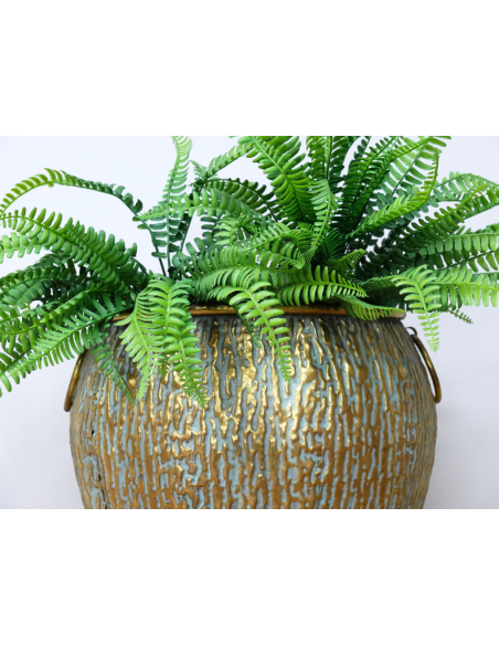 Grand cache-pot en métal doré vieilli effet vert-de-gris – 37 cm