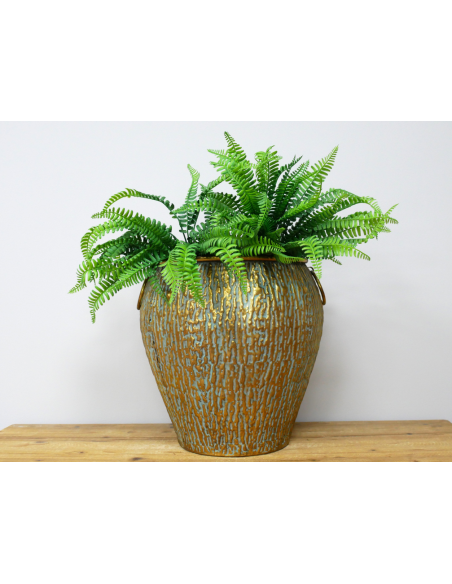Grand cache-pot en métal doré vieilli effet vert-de-gris – 37 cm