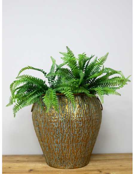 Grand cache-pot en métal doré vieilli effet vert-de-gris – 37 cm