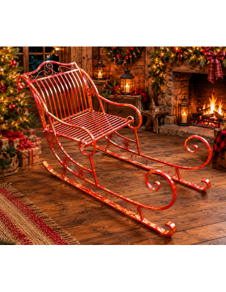 Traîneau géant du Père Noël en métal rouge et doré – 160 cm