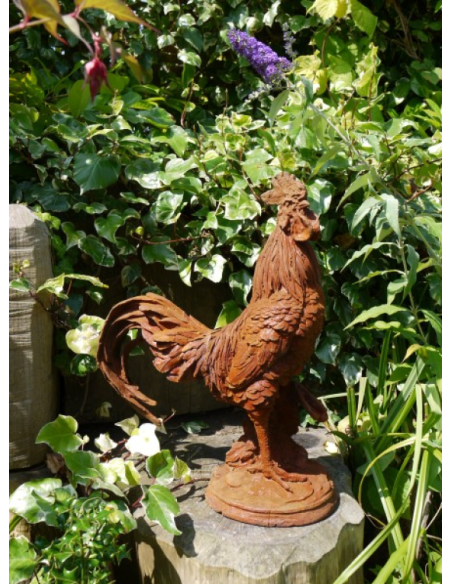 Grand coq décoratif en fonte effet rouillé – 54 cm