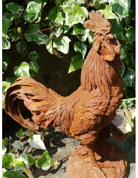 Grand coq décoratif en fonte effet rouillé – 54 cm