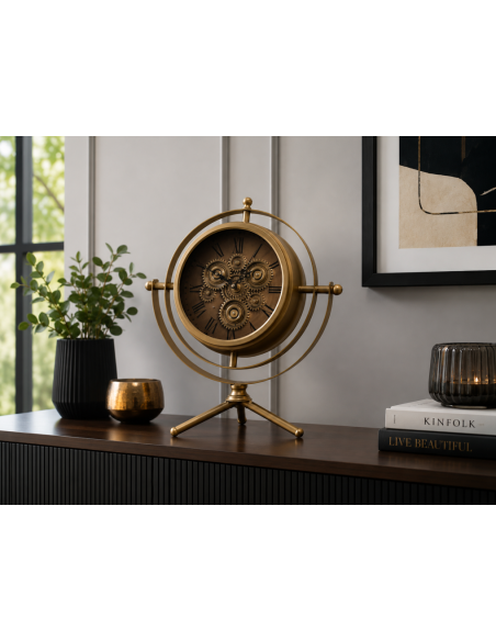 Horloge à engrenages mobiles dorée sur trépied – 41 cm