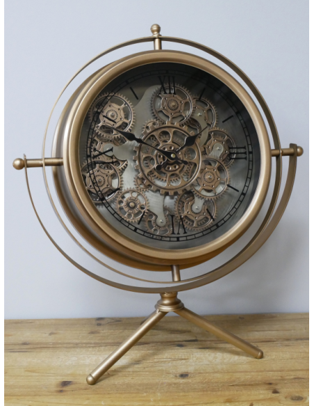 Grande horloge à engrenages mobiles dorée sur trépied – 57 cm