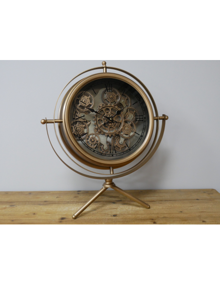 Grande horloge à engrenages mobiles dorée sur trépied – 57 cm