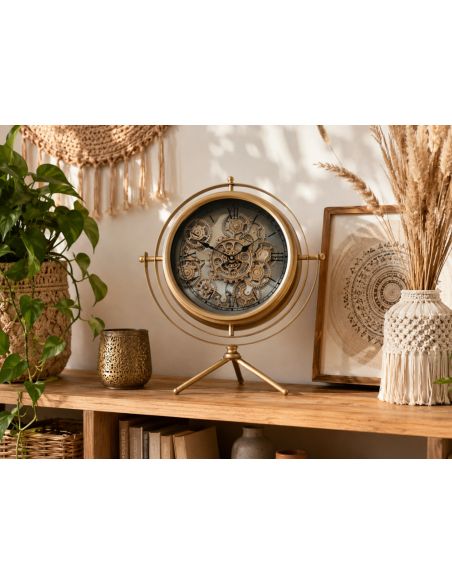 Grande horloge à engrenages mobiles dorée sur trépied – 57 cm