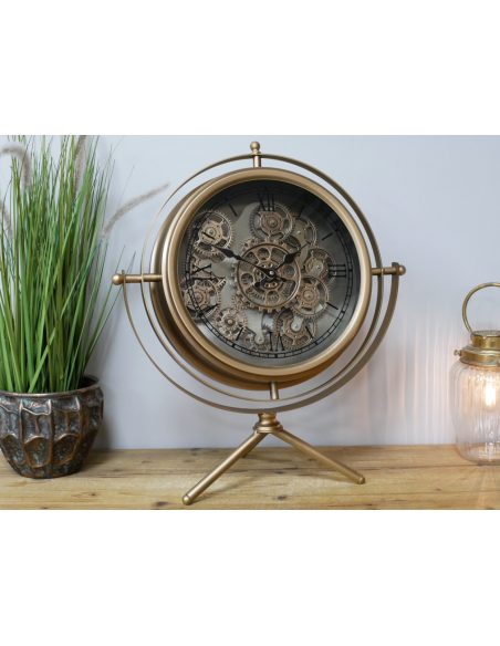 Grande horloge à engrenages mobiles dorée sur trépied – 57 cm