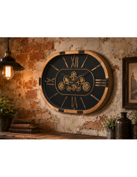Grande horloge murale ovale à engrenages mobiles – 68 cm