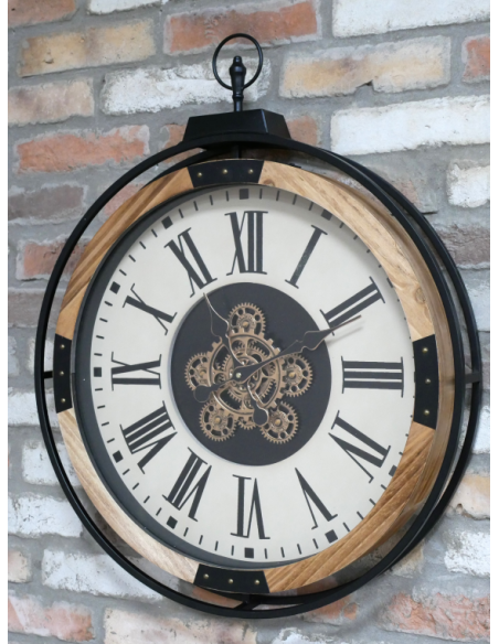 Grande horloge murale à engrenages mobiles effet bois – 74 cm