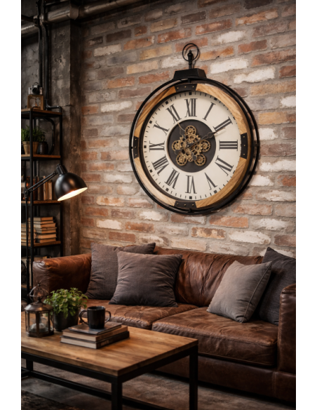 Grande horloge murale à engrenages mobiles effet bois – 74 cm