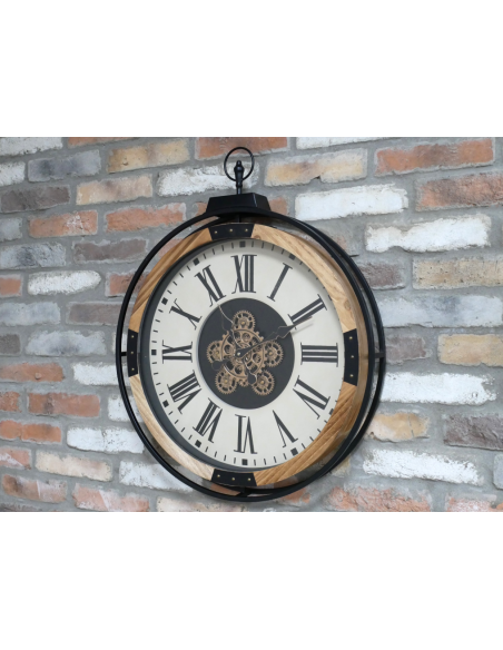 Grande horloge murale à engrenages mobiles effet bois – 74 cm
