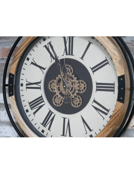 Grande horloge murale à engrenages mobiles effet bois – 74 cm