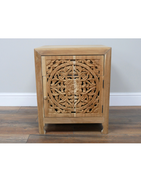 Table de chevet en teck sculpté avec tiroir – Ouverture à droite – 55 cm