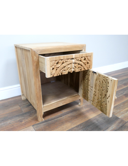 Table de chevet en teck sculpté avec tiroir – Ouverture à droite – 55 cm
