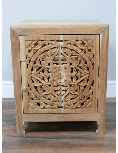 Table de chevet en teck sculpté avec tiroir – Ouverture à droite – 55 cm